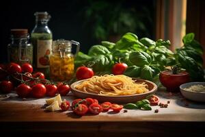 AI generated Italian food ingredients for Spaghetti Bolognese with cheese, tomato and basil organic raw food concept on wood background photo