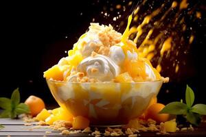 ai generado Fresco mango bingsu hielo crema con dulce coberturas coreano afeitado hielo postre con negro antecedentes foto