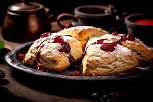 AI generated Closeup traditional british scones with raspberries and raspberry jam ready to serve for afternoon tea menu Bakery food on a wooden table photo