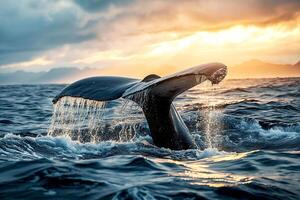 ai generado ballena cola buceo y salpicaduras en superficie de el océano, marina en el tarde tarde luces foto