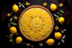 AI generated Top view flat lay of delicious lemon tart and decorate with lemons on table on dark background Bakery food photo