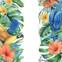 tropical palma hojas, monstera y flores de plumería, hibisco, brillante jugoso con azul amarillo guacamayo loro. mano dibujado acuarela botánico ilustración. modelo marco aislado desde el antecedentes vector