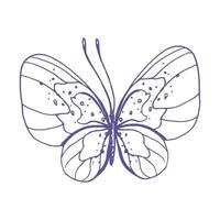 delicado mariposa con patrones en el alas, simple, dulce, luz, romántico. ilustración gráficamente dibujado a mano en lila tinta en línea estilo. aislado eps vector objeto