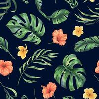 Tropical palm leaves, monstera and flowers of plumeria, hibiscus, bright juicy. Hand drawn watercolor botanical illustration. Seamless pattern on a dark background vector