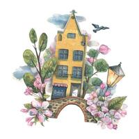 A cute, yellow house with trees, a bridge, a lantern, a pigeon, clouds and apple blossoms. Watercolor illustration. Spring composition from the collection of EUROPEAN HOUSES. For the design. vector