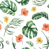 Tropical palm leaves, monstera and flowers of plumeria, hibiscus, bright juicy. Hand drawn watercolor botanical illustration. Seamless pattern on a white background vector