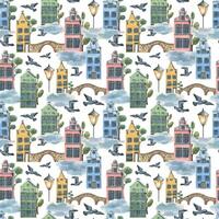 European houses, bridges, trees, clouds and pigeons. Watercolor illustration. Seamless pattern on a white background. For fabric textiles, wallpaper, prints, covers, travel booklets, children's rooms vector