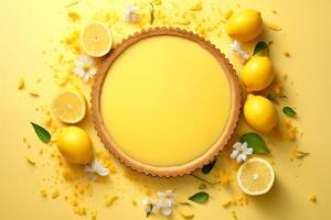 AI generated Delicious lemon tart on table on pastel yellow background photo