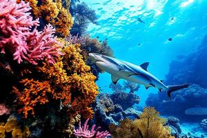 AI generated Shark swimming in the sea with small fish over colorful coral reef, under water animal ocean life nature scenic photo