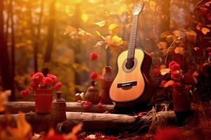 ai generado el guitarra mentiras en el jardín en otoño temporada con arce árbol y flores fondo, el concepto un canción acerca de otoño, música en colores bosque foto