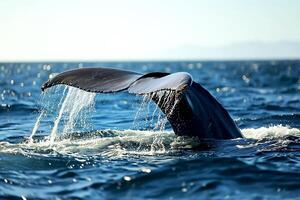 ai generado marina con ballena cola, buceo dentro el agua y salpicaduras en superficie de el océano, marina foto