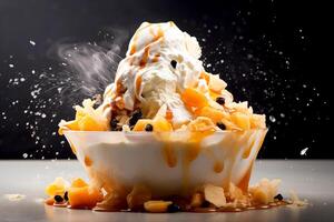 AI generated Thai tea Bingsu ice cream with sweet toppings whipped cream, caramel and dried fruits korean shaved ice dessert black background photo