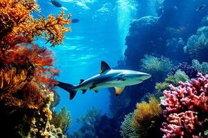 AI generated Shark swimming in the sea with small fish over colorful coral reef, under water animal ocean life nature scenic photo