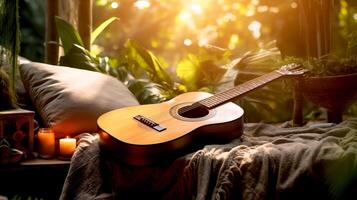 ai generado el guitarra mentiras en el sofá con velas en el jardín. el concepto un canción para meditación, relajación, música terapia foto