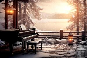ai generado el grandioso piano en el madera muelle en invierno temporada con lago y nieve montañas puesta de sol fondo, el concepto un canción acerca de invierno, música en invierno foto