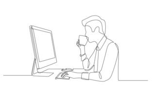 Continuous one line drawing of businessman drinking coffee and looking at work on pc screen, office working concept, single line art. vector