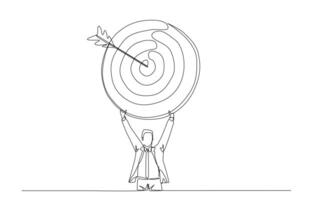 Continuous one line drawing of businessman holding archery target with arrow at bullseye, business success or mission complete concept, single line art. vector