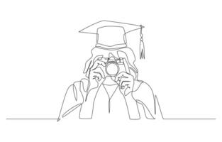 Continuous one line drawing of female graduated student taking photo with camera, single line art. vector