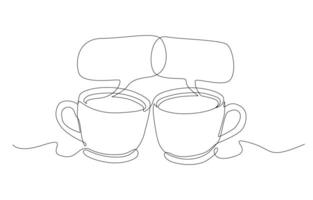 Continuous one line drawing of coffee mugs clinking with bubble thoughts connection, business discussion or brainstorming during coffee break concept, single line art. vector