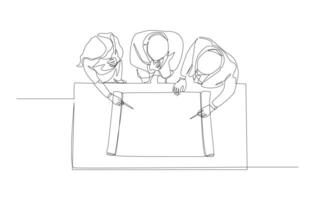 Continuous one line drawing of business people discussing about blueprint paper on table from top view, business discussion, project planning concept, single line art. vector