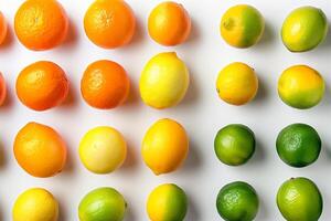 ai generado brillante surtido de Fresco agrios frutas ordenado desplegado en un blanco fondo, incluso naranjas, limones, y limas, Perfecto para sano comiendo conceptos y vitamina relacionado temas foto