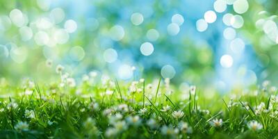 AI generated Spring Freshness, Green Grass and Bokeh Wildflowers photo