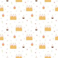Pattern with birthday cakes, cupcakes and confetti vector