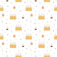 Pattern with birthday cakes, cupcakes and confetti vector