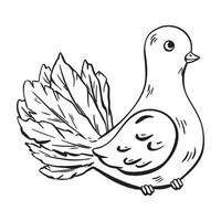 A black and white sketch of a pigeon with a long tail vector