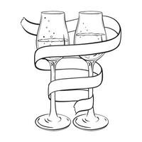 A monochromatic drawing of two wine glasses enveloped in a ribbon vector