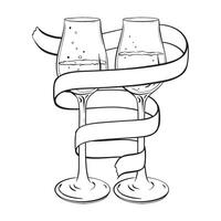 A monochromatic drawing of two wine glasses enveloped in a ribbon vector