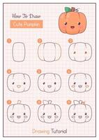 How to Draw a Pumpkin. Step by Step Drawing Tutorial. Draw Guide. Simple Instruction for Kids and Adults vector