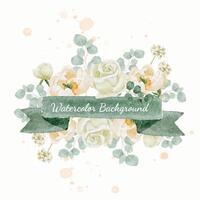 watercolor white peony and rose foliage flower bouquet wreath frame with ribbon background isolated vector