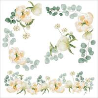 watercolor white peony and rose foliage flower bouquet wreath frame wedding white background isolated vector