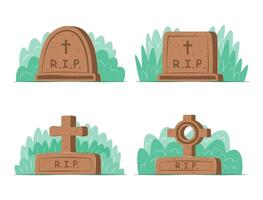 Set of Hand Drawn Gravestone in Flat Design Style vector