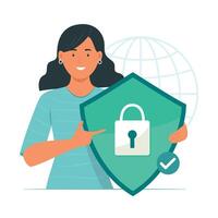 Woman with Digital Security Shield with Padlock Symbol for Cyber Security Concept Illustration vector