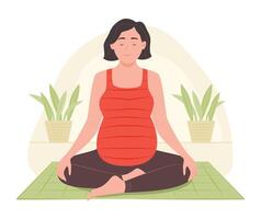 Pregnant Woman Sitting on Yoga Mat and Doing Yoga Meditation for Mental Health vector