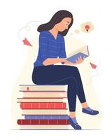 mujer sentado en apilar de libros y pensando creativo idea mientras leyendo un libro concepto ilustración vector