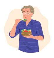 mayor hombre comiendo ensalada para sano comiendo concepto ilustración vector