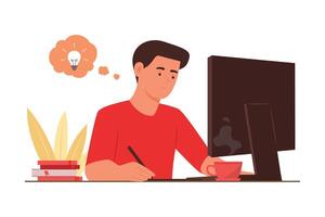 Freelance Man Online Working with Laptop from Home vector