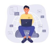 programador hombre sentado en nube informática símbolo y proceso codificación para software desarrollo concepto ilustración vector