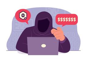 Hacker Man Stealing Data from Laptop Computer for Cyber Crime Concept Illustration vector