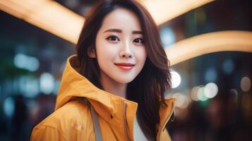 AI generated Woman in Yellow Jacket Looking at Camera photo