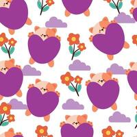 seamless pattern cartoon cat with flower and big heart balloon. cute animal wallpaper illustration for gift wrap paper vector