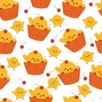 seamless pattern cartoon chick with cupcake. cute animal wallpaper for textile, gift wrap paper vector