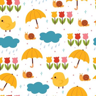 seamless pattern hand drawing cartoon rain, umbrella, flower and animal. for fabric print, textile