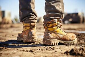 ai generado de cerca de sucio de los hombres botas en producción. generado por artificial inteligencia foto