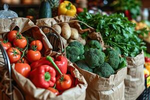 AI generated Ripe vegetables and herbs on a wooden counter at a vegetable market. Generated by artificial intelligence photo