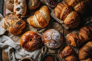 AI generated A set of delicious fresh buns on parchment close-up. Generated by artificial intelligence photo