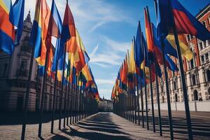 AI generated A row of pillars with different flags in the city square. Generated by artificial intelligence photo